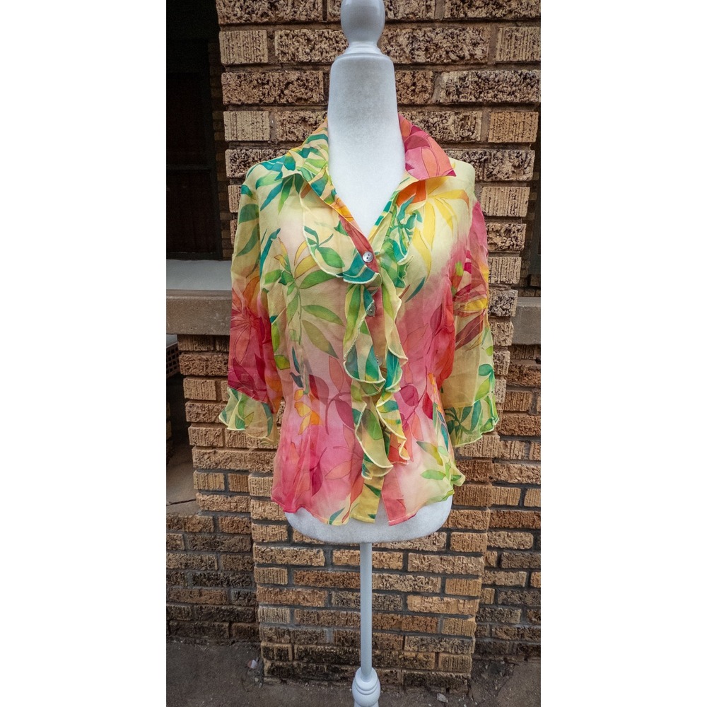 Tess 100% Silk Tropical Floral Ruffle Blouse Yellow Pink Size 8